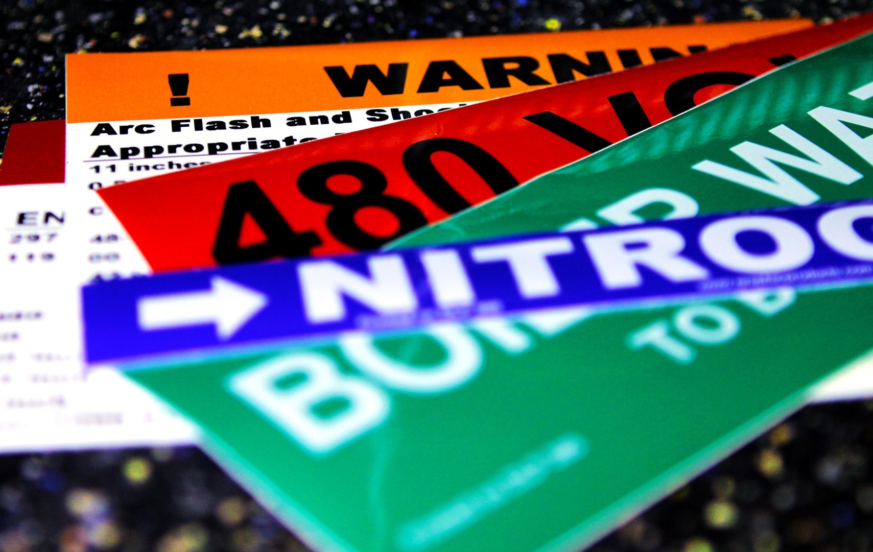 Colorful vinyl labels — Arc Flash Warning, 480V, Nitrogen, and Bi-Directional Antenna